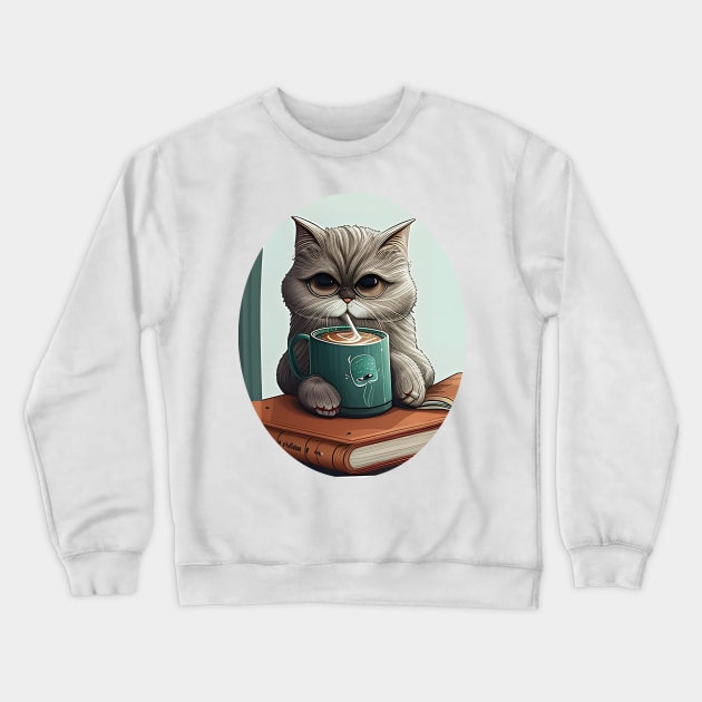 Funny Cat Drink Coffee And Reading Book Crewneck Sweatshirt by dashawncannonuzf